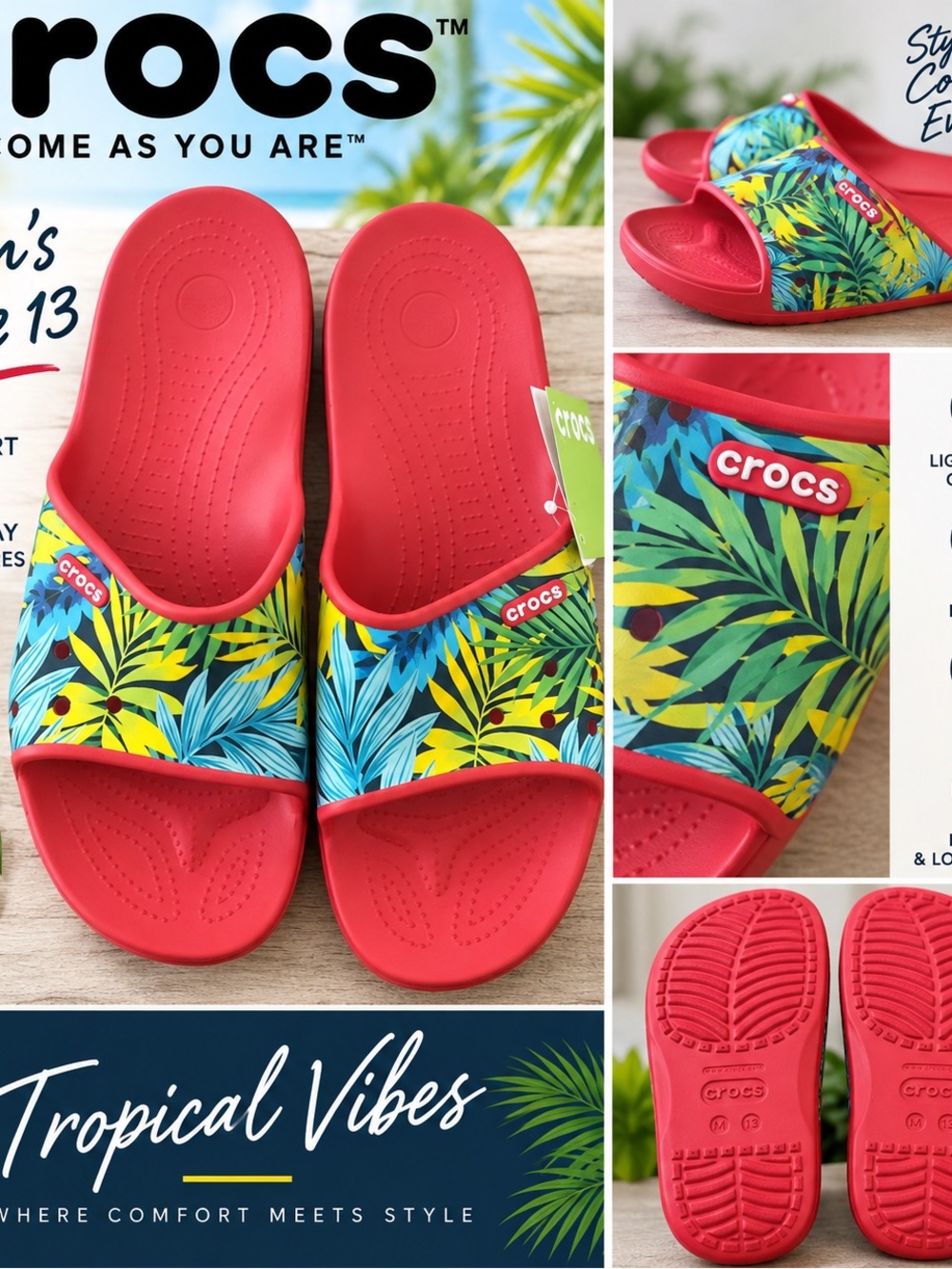 CROCS Kids Tropical Print Red Slide Sandals